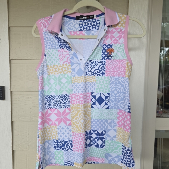 RLX Ralph Lauren Womens Printed Airflow Performance Geo Patchwork Shirt Sp - Picture 1 of 8